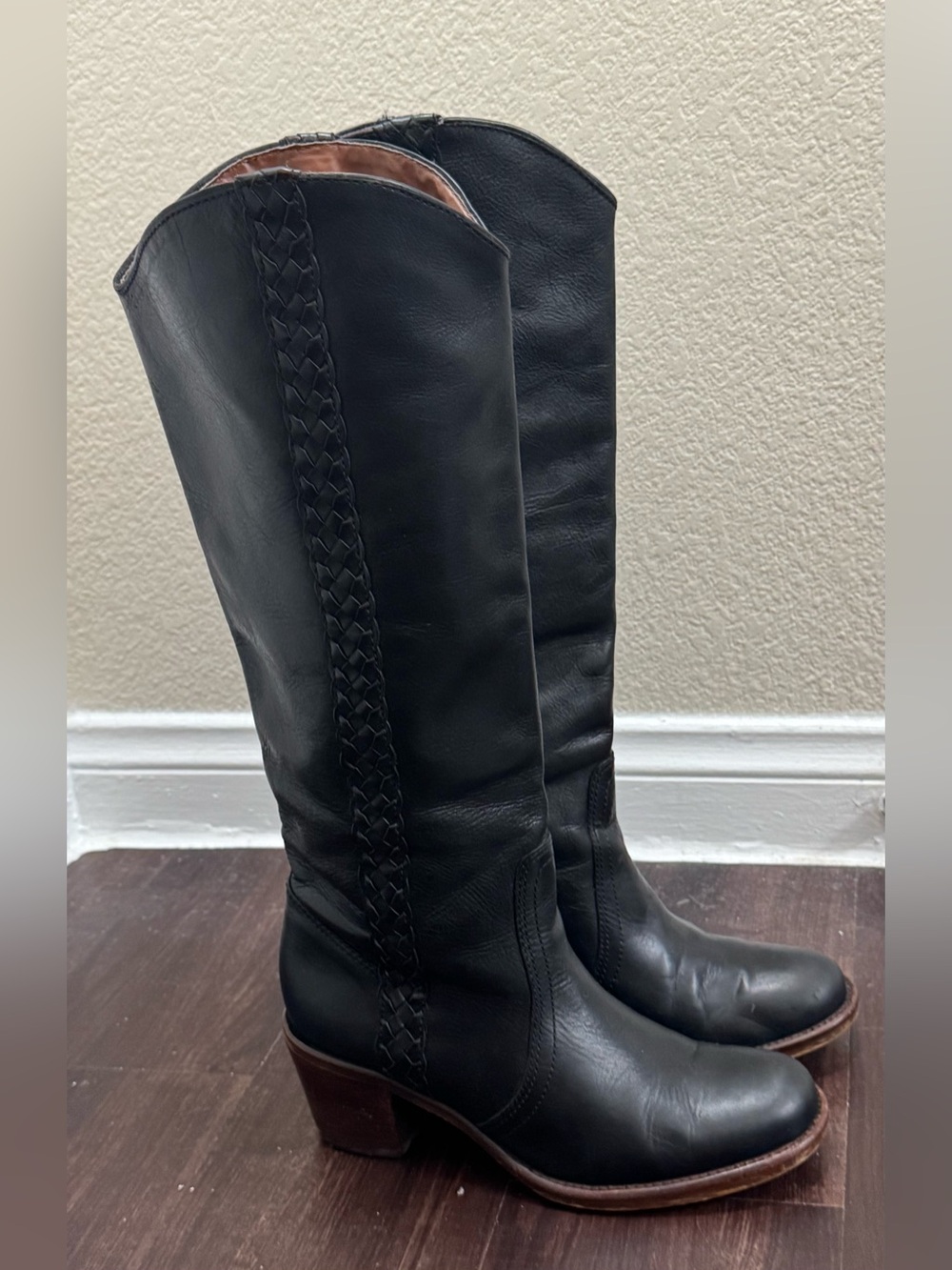 Steve Madden Black Leather Braided Tall Western Boots - Size 8M